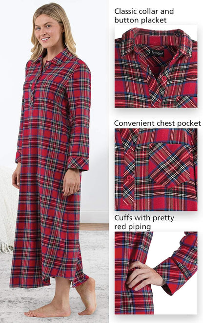Long Flannel Nightgown - Women Nightgown, Plaid